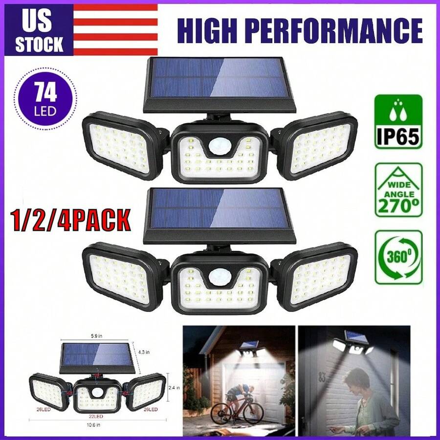1/2/4 Pack LED Motion Sensor Solar Lights Waterproof Security Lamp, Solar Lights Outdoor, 74 LED 3000LM LED Solar Motion Sensor Lights; 3 Adjustable Heads, 270°Wide Angle Illumination, IP65 Waterproof 6500K Solar Powered Security Flood Light For Garage Yard Patio - màu đen - Xem 1