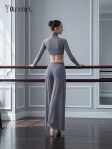 DonsGirl 女式高领短款上衣和超柔软弹力网眼阔腿裤套装 - 时尚灰色服装，适合空中瑜伽、现代/古典芭蕾舞表演服装