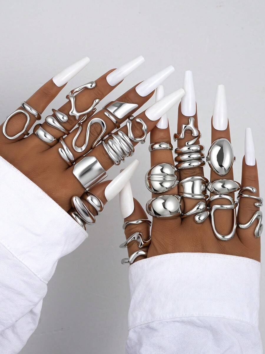 17KM 29pcs Simple Fashionable Vintage Coin Style Metal Geometric Asymmetrical Stackable Rings Set, Women/Couples/Friends Gift For Holiday, Date, Party, Wedding, Christmas, Valentine's Day