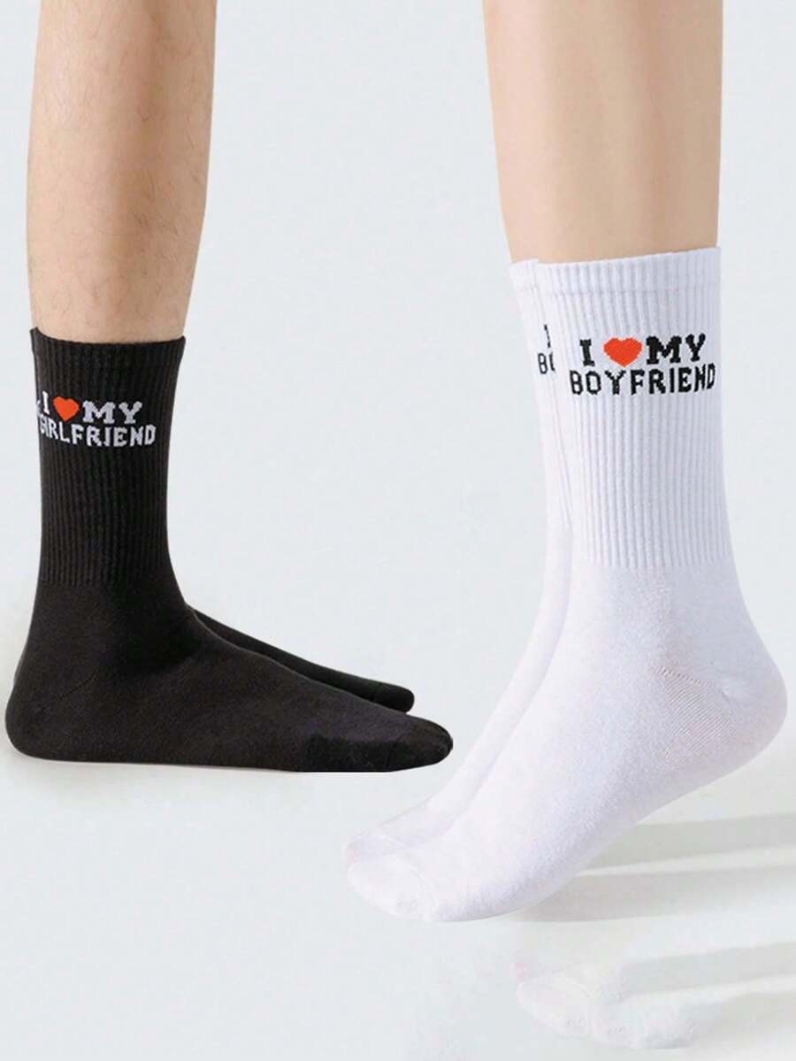 1 Pair "I Love My Girlfriend" Socks, Cute Gift For Boyfriend, Anniversary, Valentine's Day, Birthday, Funny Boyfriend Gift Idea, "I Love My Girlfriend" Socks, Socks For Men And Women - Black and White - View 1