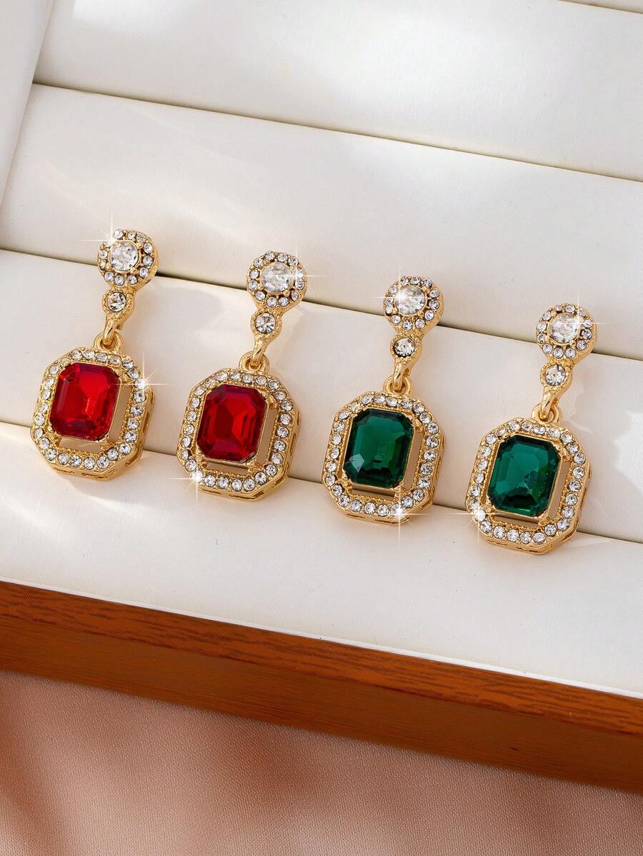 一对优雅宫廷风仿宝石镂空方形吊坠耳环，女士配饰，可搭配晚礼服 - 紅色 - 查看 1