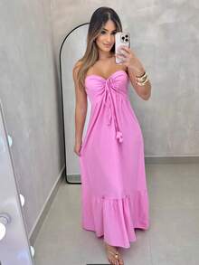 Long Strapless Yellow Dress With V-Neck Tie, Elegant And Cool For Summer Style. - Baby Pink - View 1