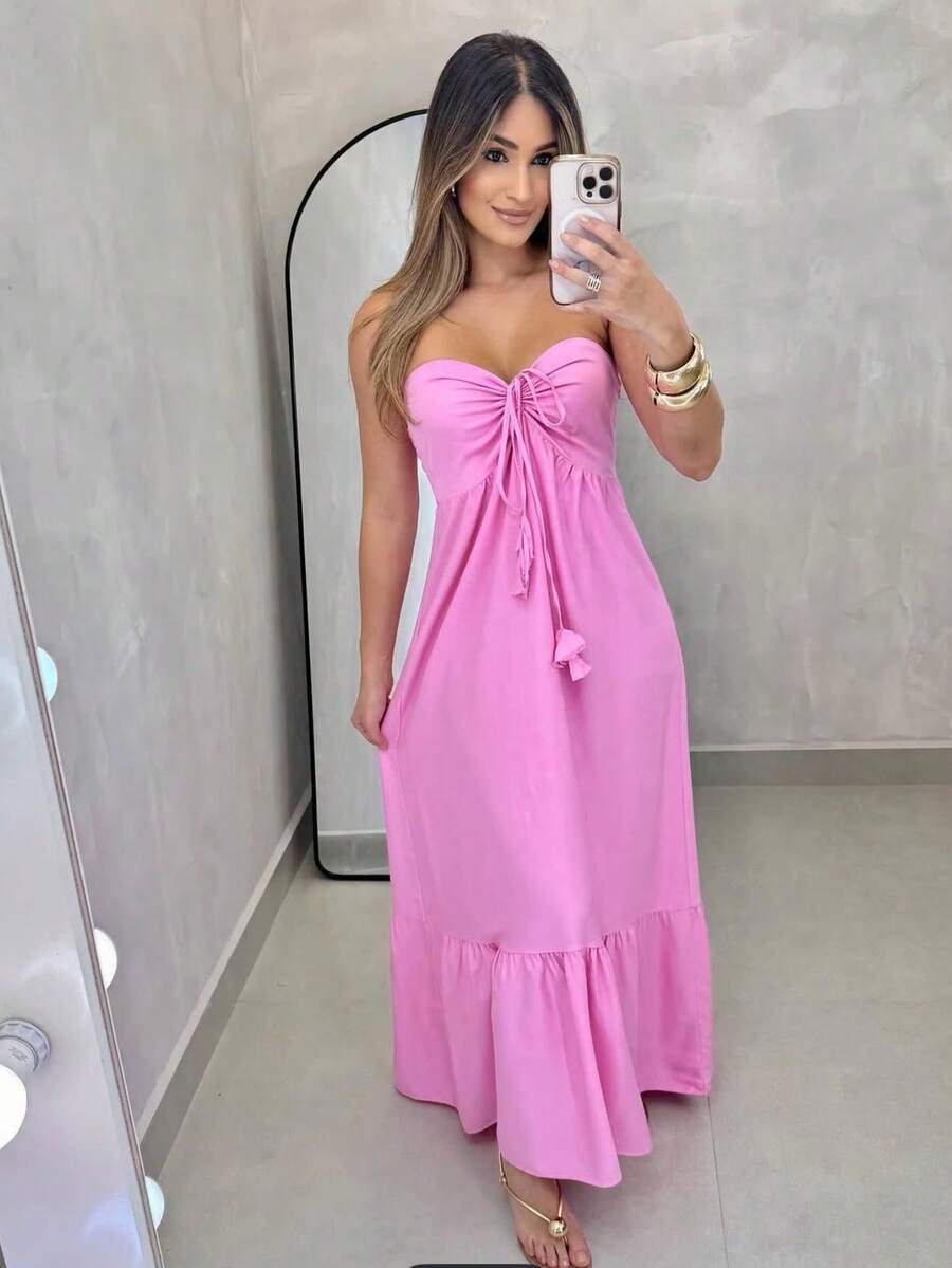Long Strapless Yellow Dress With V-Neck Tie, Elegant And Cool For Summer Style. - Baby Pink - View 1