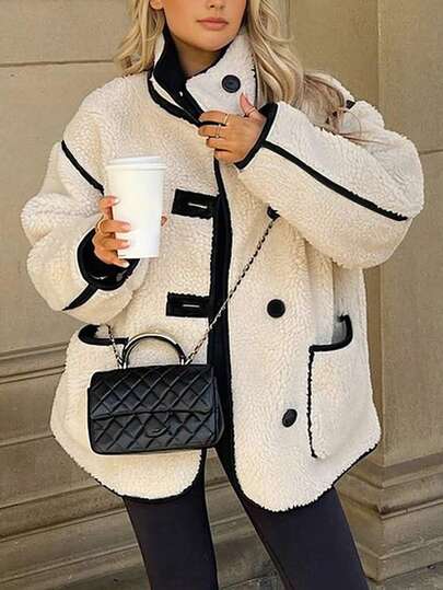 Plus Size Fashionable Turtleneck Teddy Bear Coat, With Contrast Trim And Pockets, Raglan Sleeves, Woven Fabric, Regular Length, Christmas