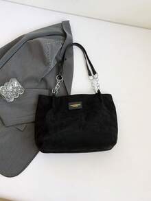 复古麂皮手提包，女士大容量单肩包，饰有字母烫金装饰，配有可调节链条肩带，休闲通勤手提包，适合秋冬季节。 - 黑色 - 查看 8