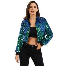 Women's Sequin Zip-Up Hooded Jacket With Ribbed Hem And Long Sleeves For Party Wear - Green - View 5