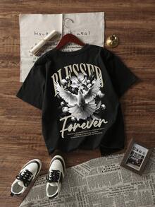 Camiseta de manga corta casual y versátil con estampado gráfico simple para hombres de K-GLORY - Negro - Ver 5