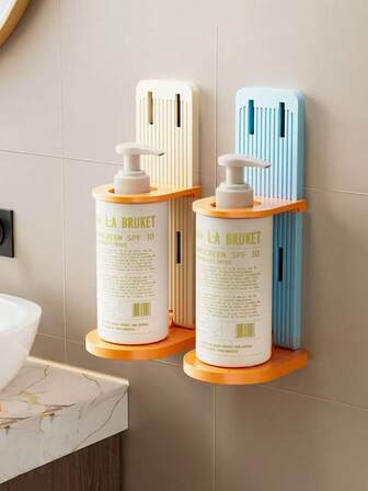 Adjustable Wall Mounted Storage Rack, No Drilling Required. Adjustable Features: Through The "Adjustable" Design (Such As Bracket Angle, Spacing, Etc.), It Can Accommodate Different Sizes Of Cleaning And Care Bottles (Such As Shower Gel, Hand Sanitizer, Sunscreen, Etc.), Meeting The Need To "Hang Both Large And Small Bottles"; Suitable For Cluttered Bathroom Countertops, Practical And Decorative In Cream White And Blue Colors To Match Bathroom Style.