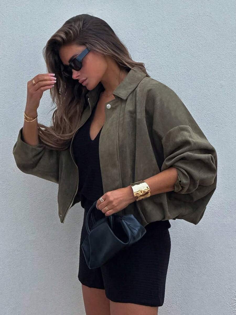 Women's Casual Street Style Solid Color Loose Zip-Up Jacket, Autumn/Winter - Army Green - View 1