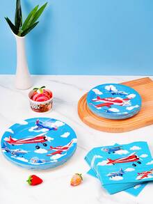 Conjunto de 1 prato e guardanapo descartáveis com estampa de avião azul, ideal para festas, serve até 8 pessoas. Pratos de papel descartáveis perfeitos para aniversários, casamentos, festas temáticas e piqueniques em família. - Multicolorido - Ver 5