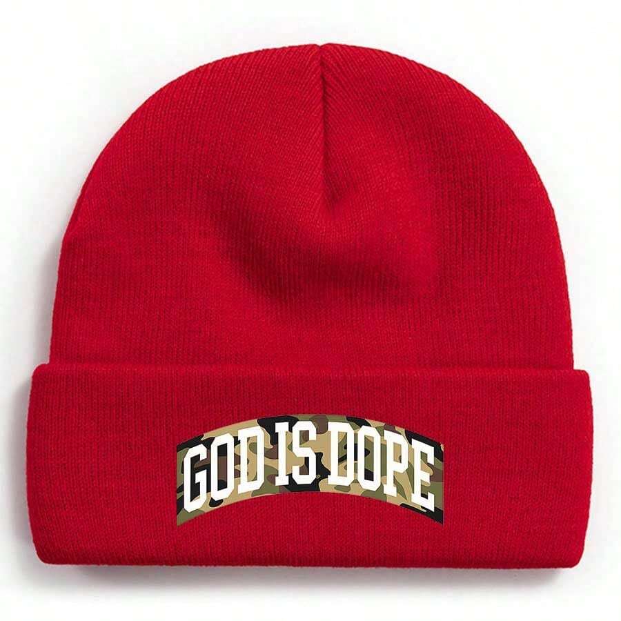Camouflage Text 'GOD IS DOPE' On Curved Background Winter Beanie For Men Women Soft Warm Knit Hat Ski Stocking Cuffed Cap - Đỏ - Xem 1