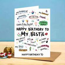 Tarjeta de felicitación de cumpleaños para la mejor amiga - "¡Feliz cumpleaños, amiga!" Con etiquetas divertidas como "Terapeuta gratis" "Creadora de recuerdos" (Incluye sobre) - Multicolor - Ver 3