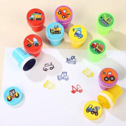 12/24件套工程车辆图案印章套装 - 迷你自来墨印章，易握设计，多种颜色，适用于艺术创作、DIY、生日、返校、婴儿派对，也可作为派对礼品。