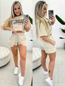 Women's Cropped Top And Sweatshirt Shorts Set - Beige - View 2