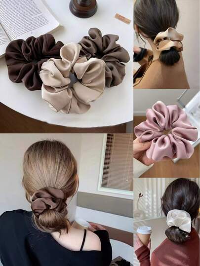 1个黑色仿丝个性化蓬松高弹柔软丝滑触感奢华休闲舒适多功能女士大号发圈，可用于洗脸、发饰、马尾辫等。