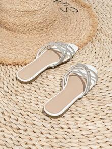 Girls' Diamond Criss-Cross Design Elegant Shiny Princess Everyday Wear Fashionable Lightweight Luxury Flat Sandals - White - View 6