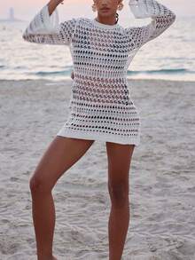 Women's Casual Elegant Daily Versatile Solid Color Fitted Long Sleeve Flare Sleeve Sexy Hollow-Out White Cropped Pullover Cover Up, Spring/Summer