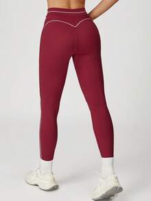 MASKERT Conjunto de Yoga Feminino Sem Costura, 2 peças, Top Esportivo e Legging, Roupa Esportiva Altamente Elástica, Confortável e Suave para a Pele - Vermelho - Ver 2