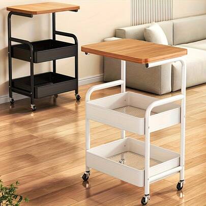 Three-Layer Rolling Cart, Multi-Functional Metal Storage Rack, Snack Rack, Durable Steel Frame, Portable Wheels, Suitable For Home Or Office Use, Office Storage And Organization Rolling Cart