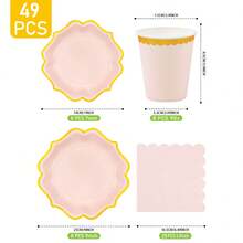 8pcs Blush Pink Rimmed Floral Shaped Disposable Plate, Napkin And Cup Set, Plates, Napkins And Cups Party Supplies, Suitable For 8 Guests, Disposable Paper Plates Party Tableware For Birthday, Wedding, Theme Party, Family Picnic - Multicolor - View 2