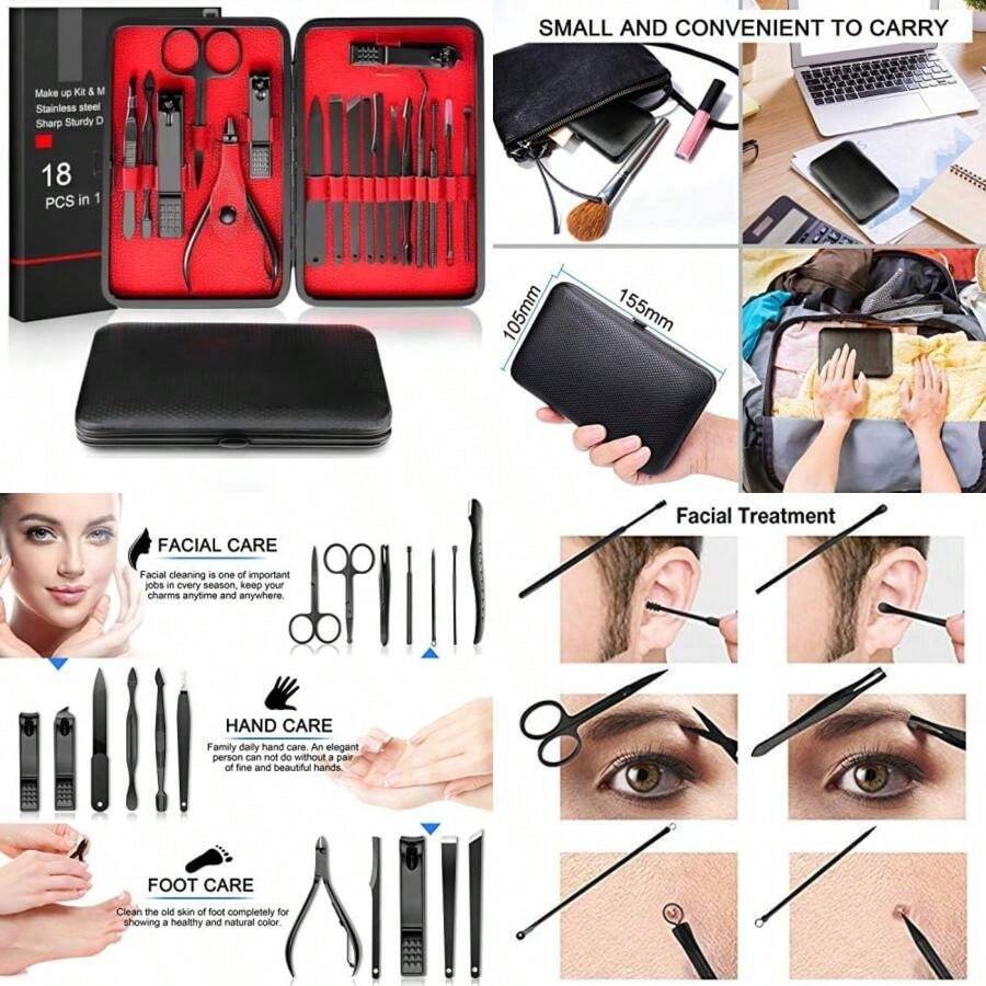 Manicura Set-Salandens 18 en 1 Manicura y Pedicura Profesional de pedicura profesional de acero inoxidable, tijeras para uñas, lima de uñas, gancho para orejas, pinzas, tijeras para el pelo de la nariz, maquinilla de afeitar para cejas de Uñas Belleza Cuidado de Uñas Cortadores con Cuero Negro (default) - Multicolor - Ver 1