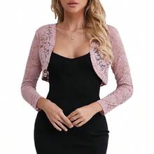 Women's Lace Shrugs 3/4 Sleeve Bolero Sheer Floral Top Cardigan - Pink - View 2