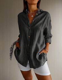 Women's Lightweight Long-Sleeved Blouse, Casual Summer Shirt - 黑色 - 查看 6
