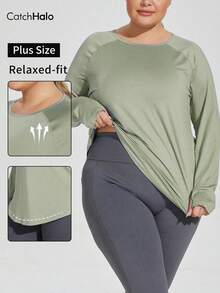 Blusa de manga larga y corte holgado con agujeros para el pulgar y diseño de espalda hueca, adecuada para otoño, invierno, entrenamiento en el gimnasio y uso casual en primavera, tallas grandes para mujeres - verde menta - Ver 4