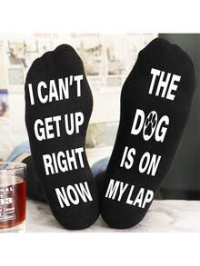 1Pair Cute Animal Socks Love Cats And Dogs Men's Black Mid-Calf Socks With Lettering And Glue Dots,Funny Gifts For Men/Teenagers On Christmas/Father's Day/Birthday - Multicolor - View 13