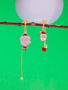 1 Pair Santa Claus Earrings, Women's Asymmetric Long Tassel Earrings, Niche Design, Christmas Party Earrings - Asymmetrical Santa Claus Climbing a Tree - View 3