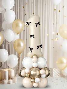 1set 40-Inch White Black Bow-Adorned Number Balloon Decorations, Pink 0-9 Number Aluminum Balloon Decorations, Suitable For Birthdays, Parties, Valentine's Day, Anniversaries, Weddings, Background Room Decorations, Bow-Adorned Numbers, And New Year Decorations. - Milky White and Black - View 6