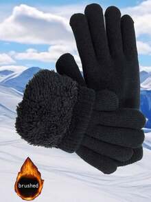 1 Pair Women's Winter Double-Layered Warm Gloves, Knitted With Deer Skin And Fleece To Keep You Warm In Cold Weather, Perfect For Parties, Driving, Cycling, Hiking And Writing Halloween Accessories Winter Gloves - 黑色 - 查看 5