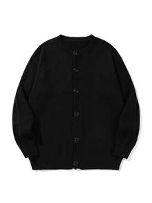 Modcrash Men's Loose Solid Color Casual High-Quality Korean Style Basic V-Neck Button Ribbed Knit Cardigan Sweater Jacket, Suitable For Autumn And Winter - Black - View 5