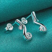 925镀银音符锆石耳钉，女士婚礼派对时尚首饰 - 銀色 - 查看 1