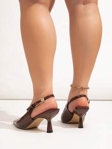 宽楦咖啡棕色亮面石纹金属搭扣装饰后跟细高跟鞋，百搭日常、宴会、派对等场合，时尚大码女鞋，酒红色高跟鞋 - 咖啡棕 - 查看 6