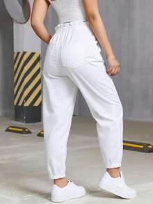 PANTALON DE GABARDINA CON ELASTICO EN CINTURA MODA, PANTALON AMPLIO, CORTE RECTO - Blanco - Ver 3