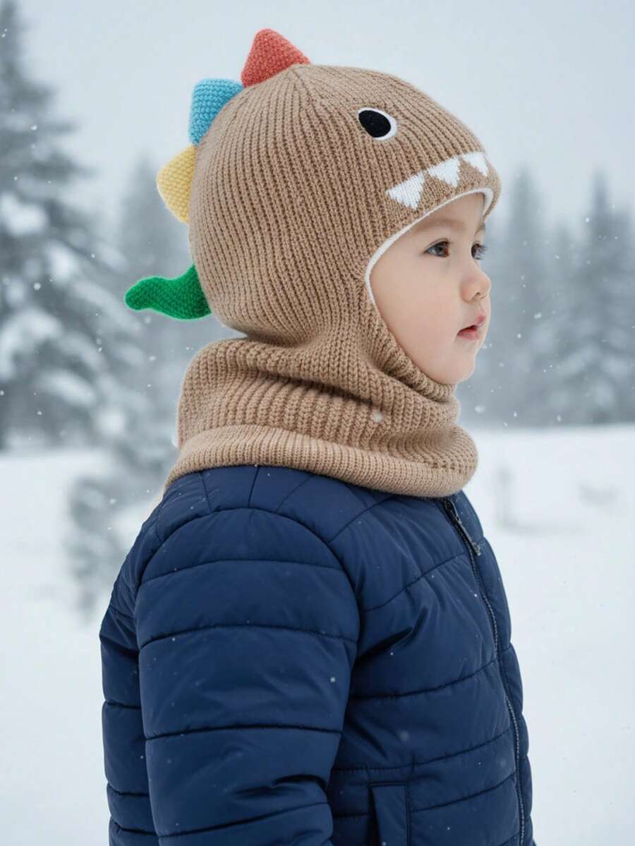 1件装幼儿男童恐龙尾巴连帽帽，带角和尾巴，婴儿拉法帽针织护耳帽，保暖内衬针织帽
