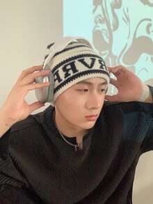 1pc Niche Striped Cuffed Letter Knit Beanie, Casual Versatile Warm Ear Protection Cold Weather Hat, Suitable For Christmas, Parties, Spring Festival, New Year And Other Holidays - Multicolor - View 8