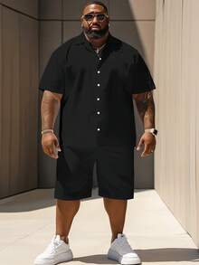 Plus Size Men's Shirt Suit, Short-Sleeved Shirt And Shorts Two Pieces, Solid Color Can Be Machine Washed, Plus Size. - Black - View 3