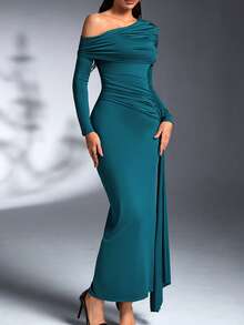 Vestido de fiesta, boda, club, sexy para mujer con cuello asimétrico, manga larga, drapeado y ajustado para fiestas, conciertos country, Navidad y noches de fiesta