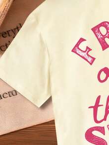 少女樱桃标语印花短袖T恤，夏季休闲款 - 杏色 - 查看 6