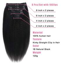 Kinky Straight Clip In Hair Extensions Real Human Hair 8Pcs Yaki Clip Ins Full Head Brazilian Remy Hair Extensions For Women Natural Black Double Weft Clip In - Natural Black - View 4