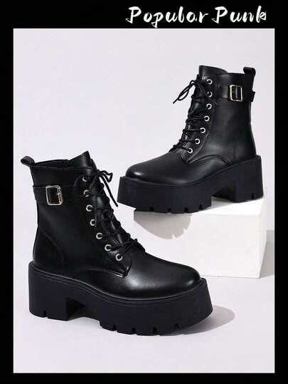 Punk Style Women's Black Thick Sole Ankle Boots, Fashion Buckle Design Lace-Up Boots, Suitable For Daily Wear, Motorcycle Riding In All Seasons