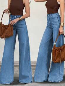 Women's Casual Loose Straight Leg Jeans, Button And Zipper Detail Design, Mid-Rise Medium Stretch Fabric