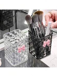 1pc Woven-Texture Plastic Makeup Brushes Holder With Butterfly Sticker – Large Capacity Desktop Pens Organizer Box, Plastic Transparent WhiteBlack, Multi-Purpose Desktop Storage Container For Makeup Brushes, Pens, Lipsticks, And Stationery