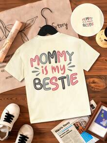 Camiseta casual de manga corta con cuello redondo y estampado de eslogan para niña - Albaricoque - Ver 3