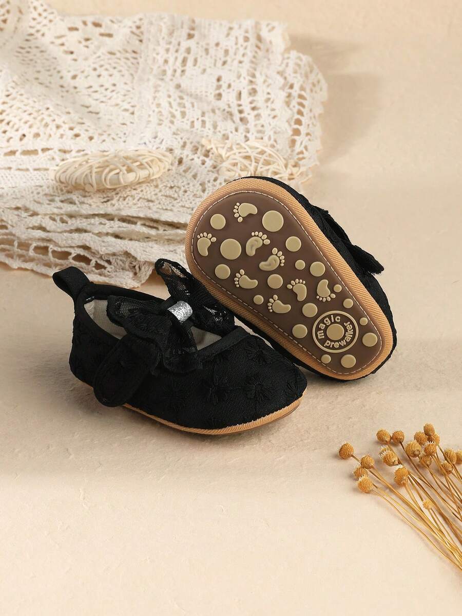 秋季新款 0-1岁 3-6-12个月 女婴可爱蕾丝蝴蝶结公主鞋，婴儿软底学步鞋 - 黑色 - 查看 1