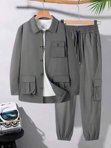 Autumn American วินเทจ เสื้อแจ็คเก็ตผู้ชายทรง Utility น้ำหนักมาก และกางเกง Cargo ชุดทนทาน - สีเทา - ดู 3