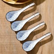 4/5pcs Asian Ceramic Spoon, With Long Handle, Easy To Grasp, Anti Slip Bottom, Suitable For Japanese Lamian Noodles, Chinese And Vietnamese Wonton, Noodle Spoon