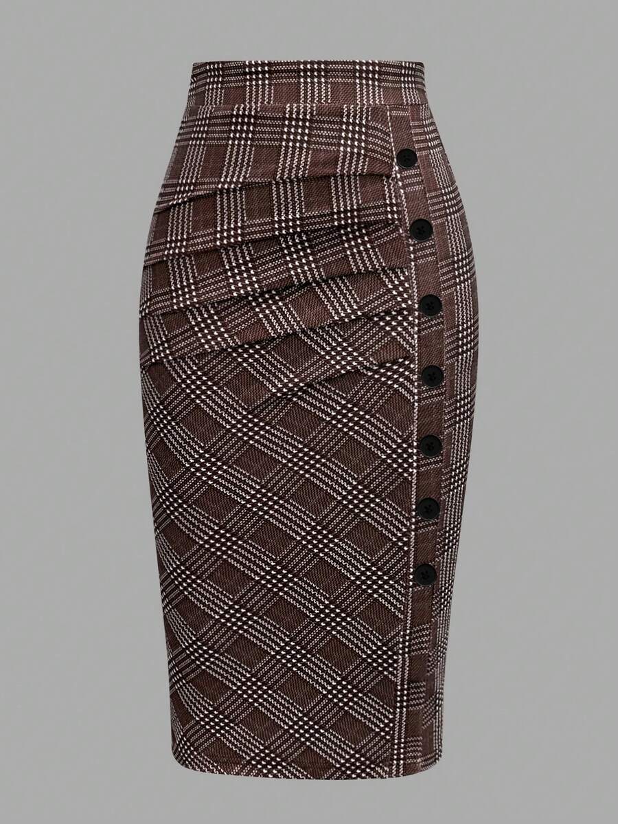 EARO Plus Size Women Casual Retro French Style Pleasure Skirt, High Waist Elastic Waist Slim Fit Gingham Check Skirt, Elegant Loose OL Work Skirt For Spring Autumn Vacation - màu nâu - Xem 1
